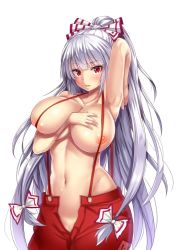 Rule 34 | 1girl, arm up, armpits, bow, breast press, breasts, collarbone, commentary request, cowboy shot, ebi 193, fujiwara no mokou, groin, hair bow, hand on own chest, huge breasts, long hair, looking at viewer, navel, nipples, open fly, pants, parted lips, red eyes, red pants, silver hair, simple background, solo, standing, stomach, suspenders, topless, touhou, very long hair, white background, white bow
