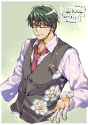 1boy bandaged_fingers bandages black-framed_eyewear border closed_mouth collared_shirt cropped_torso dated english_text flower green_eyes green_hair grey_vest happy_birthday kuroko_no_basuke light_smile long_sleeves male_focus midorima_shintarou necktie outside_border outstretched_hand rectangular_eyewear red_necktie semi-rimless_eyewear shirt short_hair solo torisu tumblr_username vest white_border white_flower white_shirt wing_collar