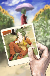 Rule 34 | 1girl, 1other, alternate costume, alternate hairstyle, ascot, blurry, blurry background, blush, breasts, car, cleavage, closed mouth, collared shirt, colored eyelashes, commentary request, flower, garden of the sun, grass, green hair, highres, hippie, holding, holding photo, kazami yuuka, large breasts, motor vehicle, on ground, open clothes, open shirt, open vest, orange pants, orange vest, pants, parted bangs, photo (object), pink umbrella, pov, pov hands, red eyes, red footwear, red vest, shirt, shoes, short hair, solo, sukkiri place, sunflower, touhou, umbrella, undone ascot, vest, wavy hair, yellow ascot, yellow flower, yellow shirt