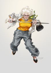 Rule 34 | 1girl, bag, concealed weapon, fighting stance, full body, glasses, grey pants, handbag, high-waist pants, highres, jacket, jane mere, jewelry, long sleeves, necklace, old, old woman, open clothes, open jacket, orange shirt, original, pants, round eyewear, sheath, shirt, shoes, solo, sword cane, unsheathing, weapon, white hair, wind, wrinkled skin