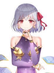 Rule 34 | 1girl, bad id, bad pixiv id, bare shoulders, closed mouth, collarbone, earrings, fate/grand order, fate (series), gold earrings, hair ribbon, jewelry, kama (fate), kama (first ascension) (fate), looking at viewer, red eyes, red ribbon, ribbon, ring, seungju lee, short hair, silver hair, simple background, smile, solo, white background