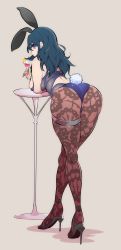 Rule 34 | 1girl, absurdres, animal ears, ass, bare shoulders, blush, breast press, breasts, brown pantyhose, byleth (female) (fire emblem), byleth (fire emblem), cup, drinking glass, fake animal ears, fire emblem, fire emblem: three houses, from behind, green hair, high heels, highres, huge ass, lace, lace-trimmed legwear, lace trim, large breasts, leaning, leaning forward, leotard, long hair, looking at viewer, looking back, nac000, nac02, nintendo, pantyhose, playboy bunny, print pantyhose, purple eyes, rabbit ears, rabbit tail, shiny clothes, sideboob, solo, tail, thick thighs, thigh strap, thighs, wine glass