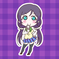 Rule 34 | 10s, 1girl, black hair, blazer, blue eyes, blue thighhighs, bow, bowtie, c:, cellphone, chibi, hand on own hip, jacket, karaagetarou, long hair, love live!, love live! school idol project, outline, phone, plaid, plaid background, plaid skirt, purple background, scrunchie, skirt, smartphone, smile, solo, thighhighs, tojo nozomi, twintails, very long hair, white outline