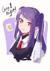 Rule 34 | 1girl, absurdres, alcohol, bartender, beer, beer mug, cup, english text, highres, jill stingray, looking at viewer, mug, necktie, purple hair, red eyes, rnna, solo, va-11 hall-a, vest, white background