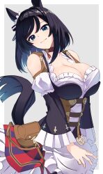 Rule 34 | 1girl, absurdres, animal ears, bare shoulders, black hair, blue eyes, bodice, border, breasts, cleavage, clothing cutout, commentary request, detached sleeves, dirndl, dress, ear ornament, eishin flash (umamusume), frilled dress, frills, german clothes, grey background, highres, horse ears, horse tail, large breasts, long sleeves, looking at viewer, medium hair, pouch, puffy sleeves, reibun (raven1119), simple background, smile, solo, tail, umamusume, white border