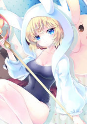 Rule 34 | 1girl, absurdres, animal ears, animal hood, blonde hair, blue eyes, breasts, cleavage, competition school swimsuit, covered navel, highres, hood, impossible clothes, katakuri tawawa, looking at viewer, medium breasts, one-piece swimsuit, paula (sennen sensou aigis), rabbit ears, rabbit hood, school swimsuit, sennen sensou aigis, short hair, sitting, smile, solo, staff, stuffed animal, stuffed rabbit, stuffed toy, swimsuit