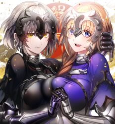 Rule 34 | 2girls, annoyed, arm around neck, armor, asymmetrical docking, black capelet, blonde hair, breast press, breasts, capelet, chain, collar, commentary request, fate/grand order, fate (series), happy new year, headpiece, impossible clothes, jeanne d&#039;arc (fate), jeanne d&#039;arc (ruler) (fate), jeanne d&#039;arc alter (avenger) (fate), jeanne d&#039;arc alter (avenger) (first ascension) (fate), jeanne d&#039;arc alter (fate), large breasts, long hair, looking at viewer, metal collar, multiple girls, new year, open mouth, plackart, purple capelet, purple eyes, shiny clothes, short hair, smile, tsukimoto aoi, upper body, vambraces, white hair, yellow eyes