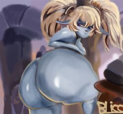 Rule 34 | 1girl, animal ears, arms around waist, ass, ass focus, back, black sclera, bliss(author), blue skin, breasts, colored sclera, colored skin, completely nude, cowboy shot, expressionless, female focus, from behind, half-closed eyes, hetero, highres, huge ass, large breasts, league of legends, light background, long hair, looking at viewer, looking back, nude, poppy (league of legends), red eyes, shortstack, simple background, solo, standing, thick thighs, thighs, twintails, wide hips, yordle