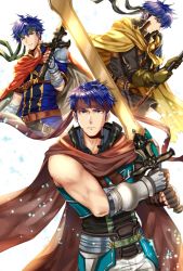 Rule 34 | armor, axe, blue eyes, blue hair, cape, cosplay, dual persona, fire emblem, fire emblem: path of radiance, fire emblem: radiant dawn, fire emblem heroes, gloves, greil, greil (cosplay), headband, ike (fire emblem), male focus, multiple boys, nintendo, ragnell, short hair, simple background, sword, wani (fadgrith), weapon, white background