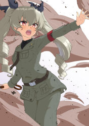 Rule 34 | 1girl, absurdres, ada badguy, anchovy (girls und panzer), anzio military uniform, belt, black belt, black necktie, black ribbon, black shirt, boots, commentary, cowboy shot, dress shirt, drill hair, frown, girls und panzer, green hair, grey jacket, grey pants, hair ribbon, highres, holding, jacket, knee boots, leaning forward, long hair, long sleeves, looking at another, military, military uniform, necktie, open mouth, pants, reaching, red eyes, ribbon, riding crop, sam browne belt, shirt, smoke, solo, standing, torn belt, torn clothes, torn ribbon, twin drills, twintails, uniform, wing collar