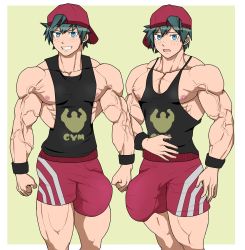 Rule 34 | 2boys, abs, bara, blue eyes, brothers, bulge, freckles, green hair, grin, hat, looking at viewer, lostanemone, male focus, multiple boys, muscular, nipples, open mouth, pectorals, shirt, shorts, siblings, smile, teeth, twins
