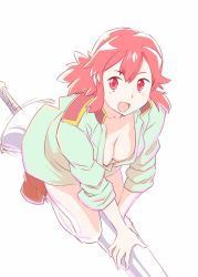 Rule 34 | breasts, cleavage, izetta, looking at viewer, medium breasts, medium hair, open mouth, red eyes, red hair, short hair, shuumatsu no izetta, simple background, smile, solo, ueyama michirou, white background