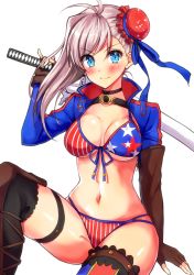 Rule 34 | 1girl, american flag, american flag bikini, american flag legwear, asymmetrical footwear, asymmetrical gloves, asymmetrical hair, asymmetrical legwear, bikini, blue eyes, blue one-piece swimsuit, blush, boots, breasts, bun cover, cleavage, collarbone, cross-laced clothes, cross-laced legwear, fate/grand order, fate (series), female focus, fingerless gloves, flag print, gloves, gunblade, hair bun, hair ribbon, large breasts, long hair, looking at viewer, mismatched legwear, miyamoto musashi (fate), miyamoto musashi (fate/grand order), miyamoto musashi (swimsuit berserker) (fate), miyamoto musashi (swimsuit berserker) (second ascension) (fate), multicolored clothes, one-piece swimsuit, pink hair, print bikini, red bikini, ribbon, shrug (clothing), simple background, single hair bun, single hair intake, single thigh boot, solo, swimsuit, thigh boots, thighhighs, uneven footwear, uneven gloves, united states, weapon, white background, yukiya (shiya)