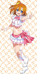 Rule 34 | 10s, 1girl, :d, blue eyes, boots, bow, bowtie, full body, hair between eyes, hair ornament, hairpin, headset, kosaka honoka, looking at viewer, love live!, love live! school idol festival, love live! school idol project, midriff, mizuki makoto, navel, one side up, open mouth, orange hair, pink bow, pink bowtie, pointing, side ponytail, skirt, smile, solo, wristband