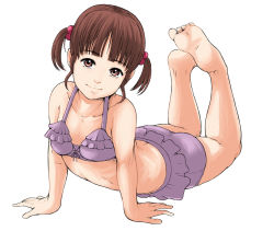 Rule 34 | 1girl, arched back, arm support, barefoot, brown eyes, brown hair, child, feet, full body, light smile, looking at viewer, monochrome, on floor, one-piece swimsuit, purple one-piece swimsuit, short twintails, simple background, soles, solo, swimsuit, takei shikin, toes, twintails, white background