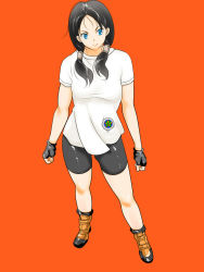 1girl bad_id bad_pixiv_id bike_shorts black_hair blue_eyes boots breasts dragon_ball dragonball_z female_focus fingerless_gloves full_body gloves highres legs long_hair looking_away red_background s580 simple_background smile solo standing thighs twintails videl