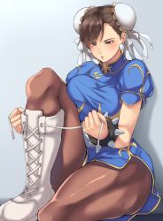 Rule 34 | 1girl, black mutou, blue background, blue dress, blush, boots, bracelet, breasts, brown eyes, brown hair, brown pantyhose, bun cover, capcom, china dress, chinese clothes, chun-li, cross-laced footwear, double bun, dress, earrings, gradient background, hair bun, jewelry, lace-up boots, lips, medium breasts, pantyhose, pelvic curtain, puffy short sleeves, puffy sleeves, sash, shoelaces, short sleeves, sitting, solo, spiked bracelet, spikes, street fighter, white footwear