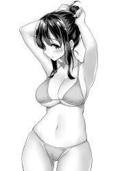 Rule 34 | 1girl, adjusting hair, armpits, artist request, bad id, bad nijie id, bare arms, bare shoulders, barefoot, bikini, blush, breasts, cameltoe, cleavage, closed mouth, collarbone, cowboy shot, greyscale, groin, hair bun, highres, large breasts, legs apart, monochrome, navel, original, sidelocks, simple background, single hair bun, skindentation, smile, solo, standing, stomach, swimsuit, tareme, tying hair, white background