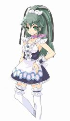 Rule 34 | 1girl, apron, blue skirt, earrings, frilled thighhighs, frills, green eyes, green hair, hair ornament, hairclip, hand on own hip, highres, hoop earrings, ito noizi, jewelry, kamisama to unmei (series), kamisama to unmei kakumei no paradox, long hair, matching hair/eyes, official art, ponytail, ryuuzaki kuroiel, scarf, simple background, skirt, smile, solo, standing, thighhighs, white background, white thighhighs, wrist cuffs, zettai ryouiki