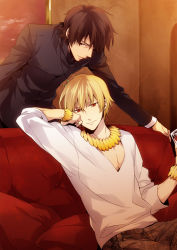 Rule 34 | 2boys, alcohol, bad id, bad pixiv id, blonde hair, bracelet, brown hair, cross, cup, drinking glass, fate/stay night, fate/zero, fate (series), gilgamesh (fate), jewelry, kotomine kirei, male focus, multiple boys, necklace, official alternate costume, red eyes, wine, wine glass, xia (ryugo)