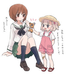 Rule 34 | 2girls, aged down, arm behind back, bandaid, bandaid on knee, bandaid on leg, boko (girls und panzer), brown eyes, brown hair, check commentary, check translation, commentary, commentary request, flip-flops, girls und panzer, giving, green skirt, grey eyes, grey hair, hair bobbles, hair ornament, highres, holding, holding stuffed toy, itsumi erika, loafers, looking at another, multiple girls, nishizumi miho, on floor, ooarai school uniform, overalls, pink overalls, red footwear, ri (qrcode), sandals, school uniform, shirt, shoes, short hair, sitting, skirt, smile, stuffed toy, time paradox, translation request, white background, white shirt