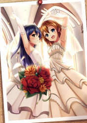 Rule 34 | 10s, 2girls, arm up, armpits, bare shoulders, blue eyes, blue hair, blush, bouquet, bridal veil, bride, brown hair, dress, elbow gloves, flower, gloves, jk-ff, kosaka honoka, long hair, looking at viewer, love live!, love live! school idol project, multiple girls, open mouth, red rose, rose, short hair, side ponytail, smile, sonoda umi, veil, wedding dress, white dress, white gloves, wife and wife, yuri