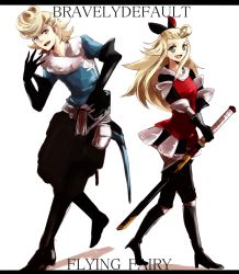 Rule 34 | 1boy, 1girl, 5pb., :d, armor, blonde hair, blue eyes, book, boots, bow, bravely default: flying fairy, coat, edea lee, gloves, katana, open mouth, pantyhose, ribbon, ringabel, smile, sword, tagme, weapon, wide hips