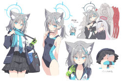 Rule 34 | 1boy, 3girls, ahoge, animal ears, aqua necktie, aqua scarf, bag, balaclava, bicycle, bicycle seat, black skirt, blue archive, blue eyes, blue jacket, blue one-piece swimsuit, breasts, cleavage, collarbone, commentary, competition swimsuit, covered navel, cross hair ornament, cycling uniform, gloves, green gloves, grey hair, hair ornament, halo, highres, jacket, large breasts, long sleeves, looking at viewer, medium hair, mismatched pupils, multiple girls, necktie, official alternate costume, one-piece swimsuit, panties, pantyshot, plaid, plaid skirt, plana (blue archive), pleated skirt, satou kibi, scarf, school bag, shiroko (blue archive), shiroko (cycling) (blue archive), shiroko (swimsuit) (blue archive), shiroko terror (blue archive), shirt, sidelocks, single glove, skirt, small breasts, sweat, swimsuit, thumbs up, translation request, underwear, white panties, white shirt, wolf ears