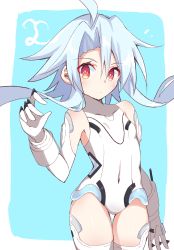 Rule 34 | 1girl, ahoge, bare shoulders, blue hair, blush, breasts, elbow gloves, gloves, hair between eyes, highres, leotard, light blue hair, looking at viewer, neptune (series), power symbol, power symbol-shaped pupils, red eyes, shimeji wyvern, short hair with long locks, small breasts, solo, symbol-shaped pupils, thighhighs, white gloves, white heart (neptunia), white leotard