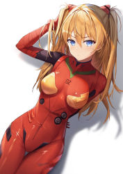 Rule 34 | 1girl, absurdres, beten, blue eyes, blush, bodysuit, breasts, brown hair, closed mouth, cowboy shot, dutch angle, hair between eyes, hair ornament, hand in own hair, highres, huge filesize, neon genesis evangelion, plugsuit, red bodysuit, shadow, simple background, solo, souryuu asuka langley, thigh gap, tight clothes, two side up, v-shaped eyebrows
