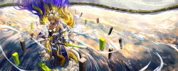 Rule 34 | 1girl, absurdres, arknights, bare shoulders, beads, blonde hair, closed mouth, colored skin, creature, day, dragon girl, dragon horns, dress, earrings, fantasy, fingernails, floating hair, grey hair, grey horns, hair between eyes, hair intakes, highres, holding, holding sword, holding weapon, horns, jacket, jewelry, layered dress, long hair, looking at viewer, magic, moyudai, multicolored clothes, multicolored dress, necklace, off shoulder, open clothes, open jacket, orange dress, outdoors, pointy ears, purple dress, purple eyes, purple hair, purple horns, shu (arknights), smile, solo, strapless, strapless dress, sword, unfinished, very long hair, weapon, white dress, white jacket, wide shot, yellow eyes, yellow horns