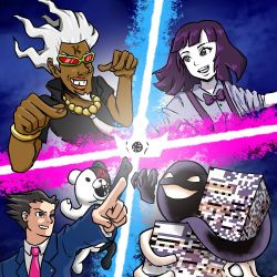 Rule 34 | 1girl, 2boys, 2others, ace attorney, aerodactyl, aura, badge, bead necklace, beads, bear, black shirt, blue background, blue jacket, bow, bowtie, capcom, collared shirt, colored skin, commentary, creatures (company), crossover, danganronpa (series), dark-skinned male, dark skin, dj professor k, english commentary, facial hair, facial mark, forehead mark, fossil, game freak, gen 1 pokemon, ghost, glitch, glowing, goatee, green-framed eyewear, grin, jacket, jems (shf1), jet set radio, jet set radio future, jewelry, lavender shirt, looking to the side, midair, missingno., monokuma, multiple boys, multiple others, necklace, necktie, nintendo, open mouth, phoenix wright, pink necktie, pointing, pokemon, pokemon (creature), pokemon tower ghost, popped collar, purple bow, purple bowtie, purple hair, real life, red-tinted eyewear, sega, shirt, short hair, siivagunner, skeleton, skull, sleeves pushed up, smile, spiked hair, split screen, static, suspenders, sweetest music, t-shirt, takeuchi mariya, tinted eyewear, white hair, white necktie, white shirt, white skin, wing collar