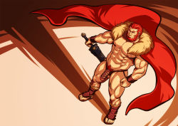 Rule 34 | 1boy, abs, bara, bare pectorals, beard, cape, censored, facial hair, fate/grand order, fate/zero, fate (series), flaccid, full body, iskandar (fate), large pectorals, male focus, male pubic hair, mosaic censoring, muscular, nipples, pectorals, penis, pubic hair, red cape, red eyes, red hair, sandals, short hair, smile, solo, sword, testicles, thick thighs, thighs, weapon, zelo-lee