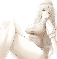 Rule 34 | 1girl, arm support, bare legs, beret, braid, breasts, curvy, female focus, hat, hiroya juuren, hong meiling, large breasts, crossed legs, long hair, looking at viewer, monochrome, no pants, parted lips, sitting, sketch, solo, thick thighs, thighs, touhou, twin braids, very long hair, wide hips