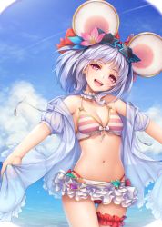 Rule 34 | 1girl, animal ears, bikini, bikini skirt, blush, breasts, bridal garter, cleavage, day, fake animal ears, frilled skirt, frills, front-tie bikini top, front-tie top, granblue fantasy, highres, looking at viewer, medium breasts, mouse (animal), mouse ears, navel, open mouth, red eyes, short hair, skirt, small breasts, smile, solo, standing, star-shaped eyewear, star (symbol), striped bikini, striped clothes, swimsuit, vikala (blooming summer wallflower) (granblue fantasy), vikala (granblue fantasy), white skirt, yuru