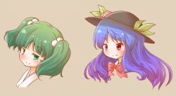 Rule 34 | 2girls, arinu, black headwear, blue hair, blush, brown background, closed mouth, commentary request, fruit hat ornament, green eyes, green hair, hair bobbles, hair ornament, hat, hat ornament, hinanawi tenshi, kisume, long hair, medium hair, multiple girls, peach hat ornament, portrait, red eyes, simple background, smile, touhou, two side up