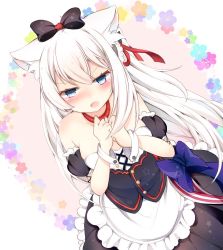 Rule 34 | 1girl, animal ears, apron, azur lane, black bow, black dress, blue bow, blue eyes, blush, bow, cat ears, commentary request, detached sleeves, dress, dutch angle, fang, frilled apron, frills, hair between eyes, hair bow, hair ribbon, hammann (azur lane), hands up, long hair, looking at viewer, merle (artist), one side up, open mouth, puffy short sleeves, puffy sleeves, red ribbon, remodel (azur lane), ribbon, short sleeves, sidelocks, silver hair, solo, star (symbol), strapless, strapless dress, very long hair, waist apron, white apron, wrist cuffs