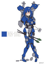 Rule 34 | 1girl, artist name, blue hair, blush, bodysuit, covered navel, gloves, gundam, gundam 0080, highres, holding, holding weapon, i.takashi, kampfer (mobile suit), looking to the side, mecha musume, personification, pink eyes, solo, sweatdrop, weapon, white gloves
