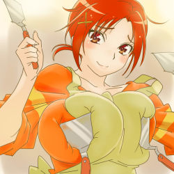 Rule 34 | 10s, 1girl, ahoge, apron, breasts, breasts squeezed together, brown eyes, female focus, flat color, hino akane (smile precure!), holding, huge breasts, kaneko hiraku, large breasts, light, looking at viewer, nose, precure, red hair, shiny clothes, smile, smile precure!, solo, spatula, upper body, yellow apron