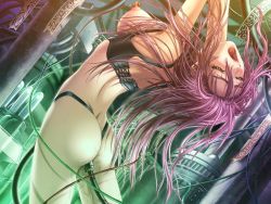 Rule 34 | 1girl, arched back, artist request, ass, bdsm, bondage, bound, breasts, female focus, harness, indoors, long hair, machine, nipple piercing, nipples, open mouth, piercing, purple hair, pussy juice, sex machine, solo, wire