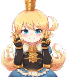 Rule 34 | 10s, 1girl, blonde hair, blue eyes, blush, charlotta (granblue fantasy), crown, double v, foo snow, gauntlets, granblue fantasy, harvin, long hair, looking at viewer, pointy ears, simple background, smile, solo, v, white background