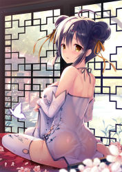 Rule 34 | 1girl, ahoge, ass, bare shoulders, barefoot, black hair, blurry, braid, braided bun, breasts, brown eyes, bug, butterfly, china dress, chinese clothes, depth of field, detached sleeves, double bun, dress, eyebrows, flower, from behind, hair between eyes, hair bun, hair ribbon, halterneck, highres, indoors, insect, large breasts, looking at viewer, looking back, no bra, no panties, original, petals, ribbon, see-through, shoulder blades, sitting, solo, sousouman, strapless, strapless dress, tears, thighhighs, toeless legwear, wet, wet clothes, wet dress, white dress, white thighhighs, window, yellow eyes, yokozuwari