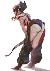 Rule 34 | 1girl, ass, baggy pants, bare back, collar, hair horns, han juri, highres, leaning forward, multicolored hair, neg (101neg), panties over leggings, pants, solo, spiked anklet, spiked collar, spikes, street fighter, street fighter 6, tattoo, toeless legwear