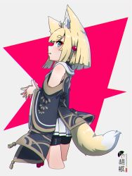 Rule 34 | 1girl, ahoge, animal ear fluff, animal ears, artist name, bike shorts, black shorts, blonde hair, blue eyes, blunt bangs, blush, chromatic aberration, commentary request, cropped legs, fox ears, fox girl, fox tail, from side, grey background, highres, kuro-chan (kuro kosyou), kuro kosyou, long sleeves, original, own hands together, parted lips, pleated skirt, profile, red background, short eyebrows, short shorts, shorts, shorts under skirt, sideways glance, skirt, solo, tail, thick eyebrows, two-tone background, white skirt, wide sleeves