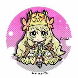 Rule 34 | 1girl, artist name, bare shoulders, blonde hair, bow, butterfly hair ornament, celine (fire emblem), character name, chibi, chibi only, closed mouth, crown, dress, dress bow, fire emblem, fire emblem engage, flower, full body, green bow, green dress, green eyes, green footwear, hair flower, hair ornament, kiritaki, long hair, looking at viewer, nintendo, orange bow, smile, solo, very long hair, wrist bow