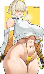 Rule 34 | 1girl, abs, absurdres, bare shoulders, black gloves, blonde hair, blush, border, breasts, cameltoe, cleft of venus, cowboy shot, cromwellb, crop top, crop top overhang, cropped sweater, curvy, elegg (nikke), fang, gloves, goddess of victory: nikke, groin, hair intakes, hair over eyes, heavy breathing, highres, huge breasts, long sleeves, navel, one-piece swimsuit, parted lips, short hair, skin fang, slingshot swimsuit, solo, strap gap, sweat, sweater, swimsuit, thick thighs, thighs, toned, twitter username, underboob, white border, white sweater, wide hips, yellow background, yellow gloves, yellow one-piece swimsuit, yellow slingshot swimsuit