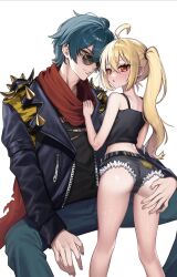 1boy 1girl ahoge ass black_jacket black_shirt black_shorts blonde_hair blue_hair blush breasts commentary_request edajima_denki green_eyes hair_between_eyes hand_on_another&#039;s_ass hetero highres jacket jewelry lighter_(zenless_zone_zero) long_hair long_sleeves looking_at_viewer luciana_de_montefio medium_breasts open_clothes open_jacket parted_lips ponytail red_eyes red_scarf scarf shirt short_shorts shorts side_ponytail simple_background spread_legs sunglasses sweat torn_clothes torn_shirt white_background zenless_zone_zero