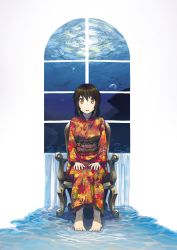 Rule 34 | 1girl, armchair, barefoot, brown hair, bubble, chair, fish, floral print, full body, highres, japanese clothes, kimono, looking at viewer, obi, open mouth, orange eyes, original, rai32019, sash, short hair, sitting, solo, surreal, water, whale, white background, window