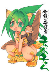 Rule 34 | 1girl, animal ears, animal hands, animal print, bare shoulders, blade (galaxist), boomerang, cat ears, cat tail, cham cham, gloves, green eyes, green hair, looking at viewer, monkey, paku paku, paw gloves, paw shoes, queen&#039;s blade, queen&#039;s gate, samurai spirits, shoes, simple background, snk, squatting, tail, tiger ears, tiger paws, tiger print, weapon, white background