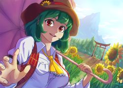 Rule 34 | 3girls, ascot, david hrusa, dutch angle, elly (touhou), field, flower, flower field, green hair, hat, hat ribbon, highres, kazami yuuka, long sleeves, looking at viewer, mountain, multiple girls, nature, open mouth, parasol, plaid, plaid vest, puffy sleeves, red eyes, ribbon, shirt, smile, solo focus, stairs, sunflower, sunflower field, torii, touhou, touhou (pc-98), umbrella, upper body, vest, wriggle nightbug, xargo